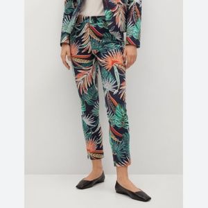 NWT MANGO MNG WOMENS TROPICAL LEAF PRINT JUNGLE TROUSERS SIZE 2 NAVY BLUE ANKLE